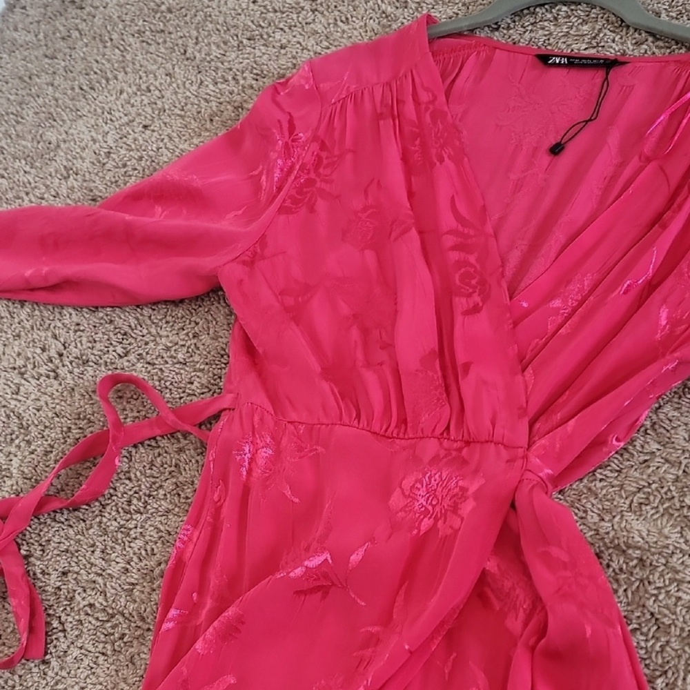 Zara Jacquard Maxi Midi Wrap Dress Size XS Pink Floral Belted Kimono Silky Robe - Picture 6 of 8